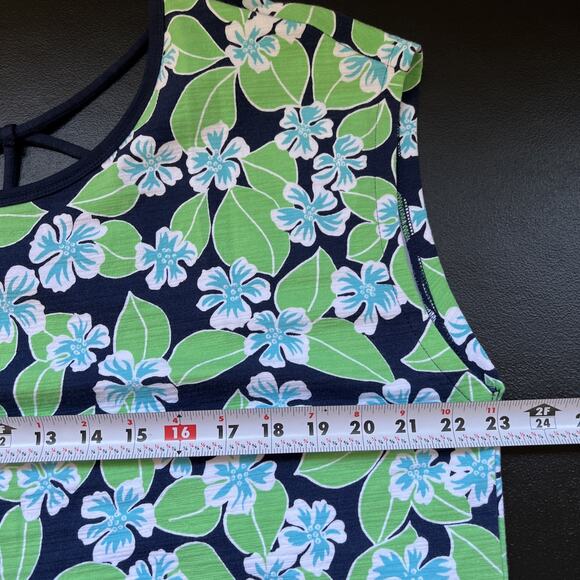 T by Talbots Dress 1X Navy Green Floral Fields Open Back UPF 50+ Pockets Belt - Picture 11 of 12
